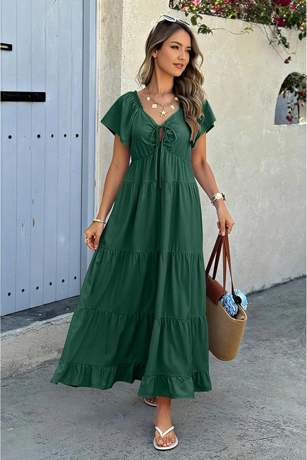 ECOWISH Womens Summer Maxi Dress 2025 Flutter Short Sleeve V Neck Tie Front Wedding Guest Vacation Tiered Flowy Dresses