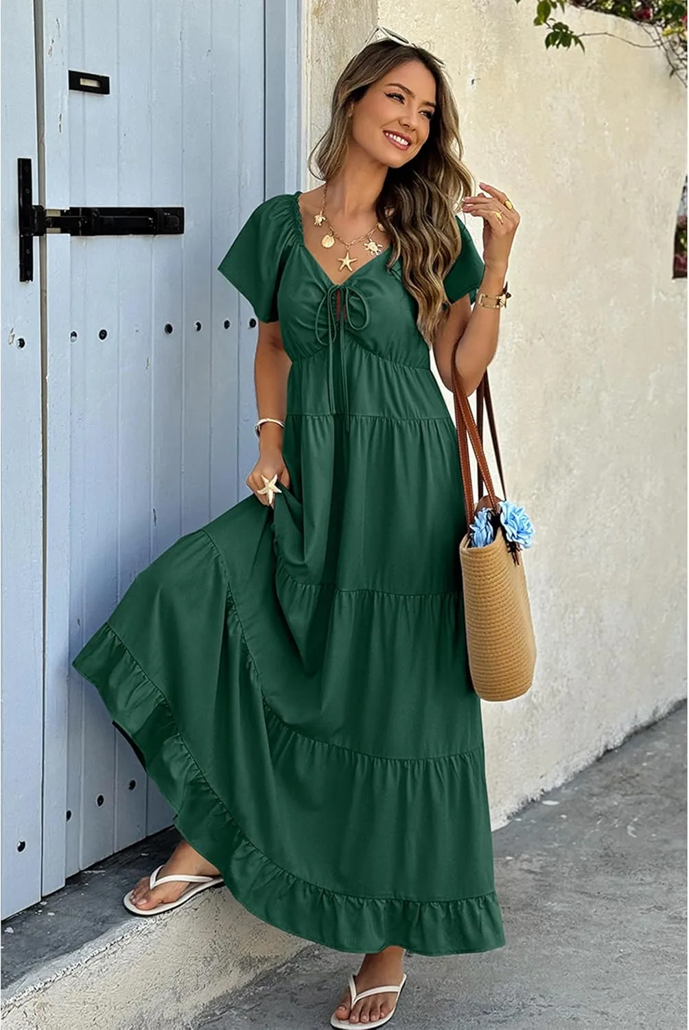 ECOWISH Womens Summer Maxi Dress 2025 Flutter Short Sleeve V Neck Tie Front Wedding Guest Vacation Tiered Flowy Dresses