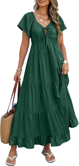 ECOWISH Womens Summer Maxi Dress 2025 Flutter Short Sleeve V Neck Tie Front Wedding Guest Vacation Tiered Flowy Dresses