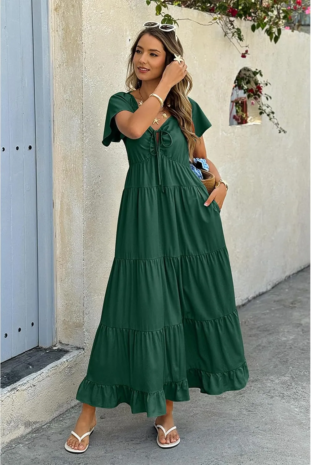 ECOWISH Womens Summer Maxi Dress 2025 Flutter Short Sleeve V Neck Tie Front Wedding Guest Vacation Tiered Flowy Dresses