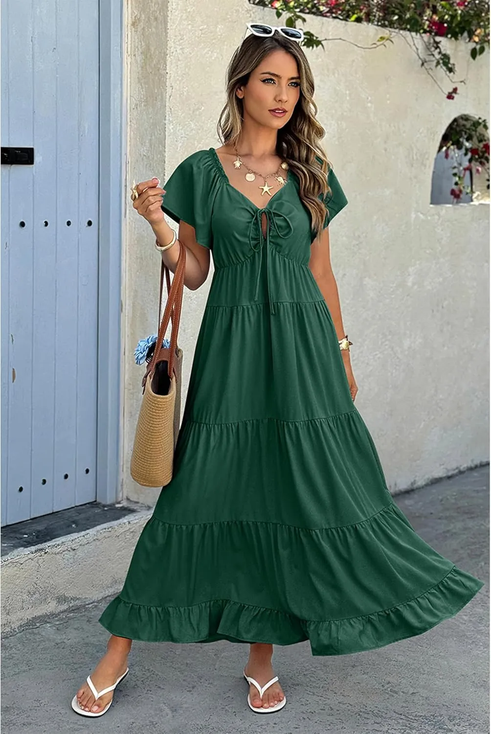 ECOWISH Womens Summer Maxi Dress 2025 Flutter Short Sleeve V Neck Tie Front Wedding Guest Vacation Tiered Flowy Dresses