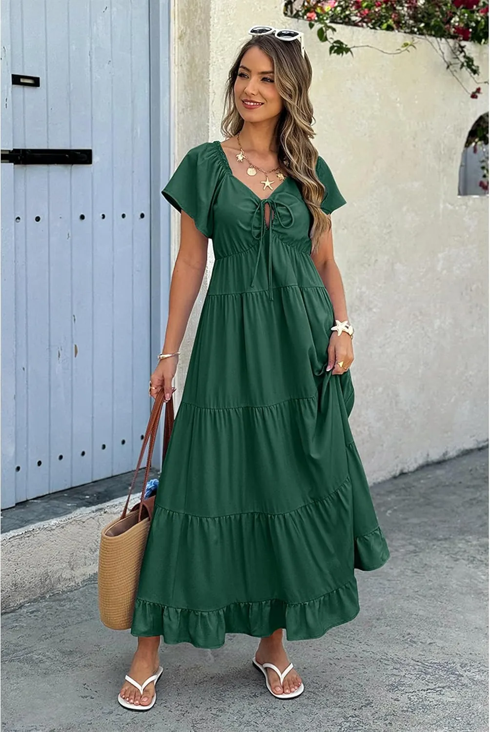 ECOWISH Womens Summer Maxi Dress 2025 Flutter Short Sleeve V Neck Tie Front Wedding Guest Vacation Tiered Flowy Dresses