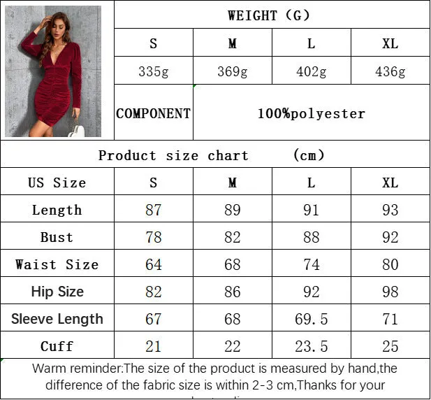 European And American Sexy V-neck Fitted Waist Pleated Long Sleeve Velvet Dress
