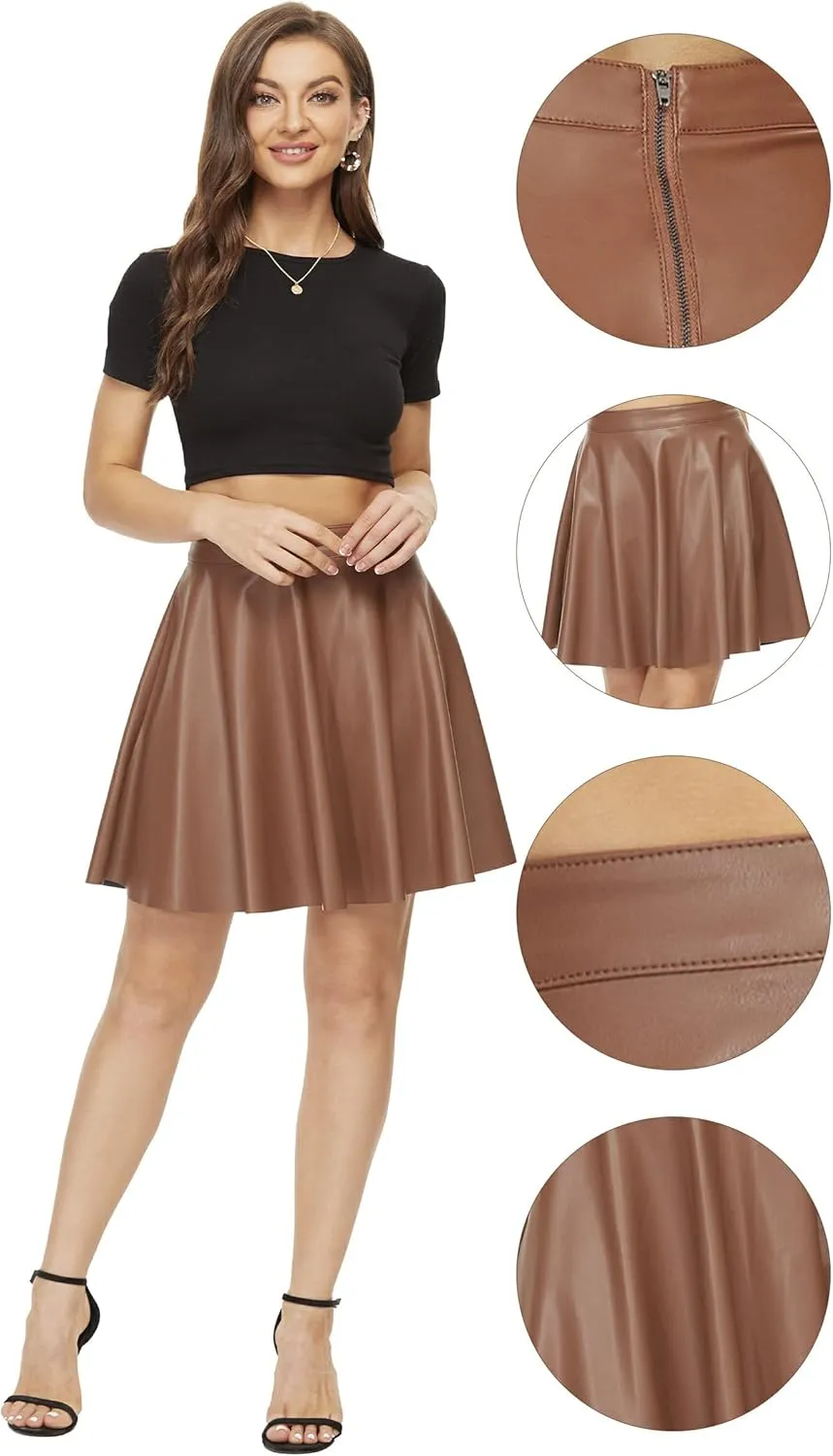 Fahsyee Leather Skater Skirt, Women's Black Pleated Plus Size Mini A-line Vegan Faux High Waist Casual Stretchy S-XXXL