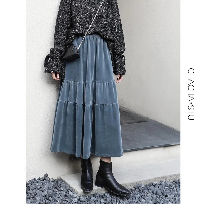 Fashion Black or Blue Thick Velvet Mid-length A-line Skirt