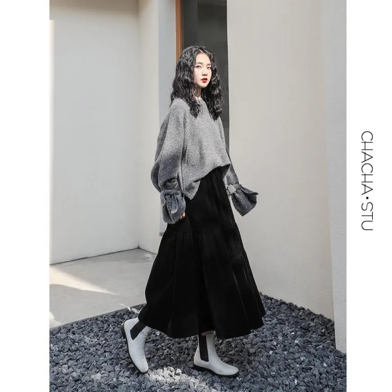 Fashion Black or Blue Thick Velvet Mid-length A-line Skirt
