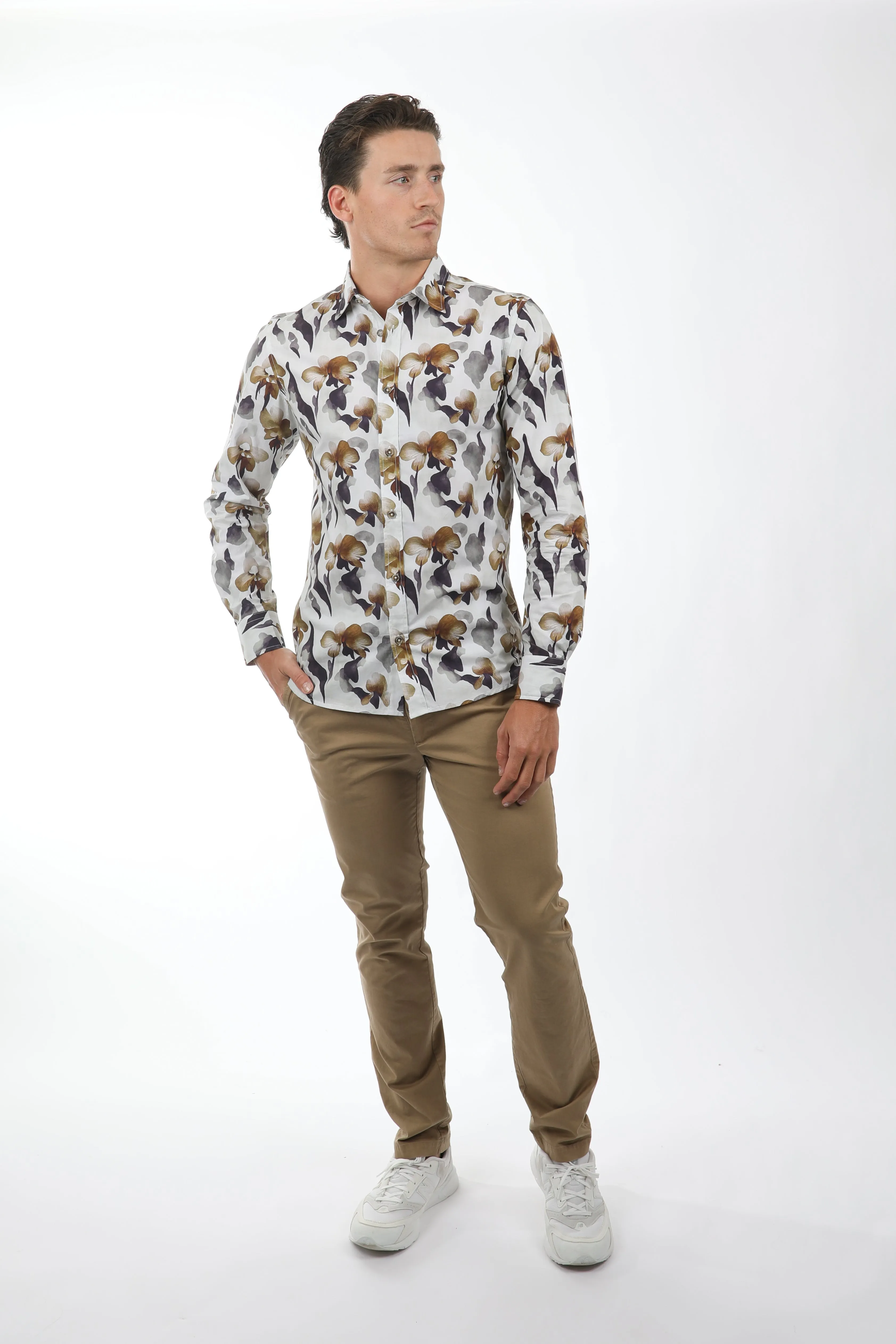 Floral Khaki  Peached Cotton Poplin Shirt