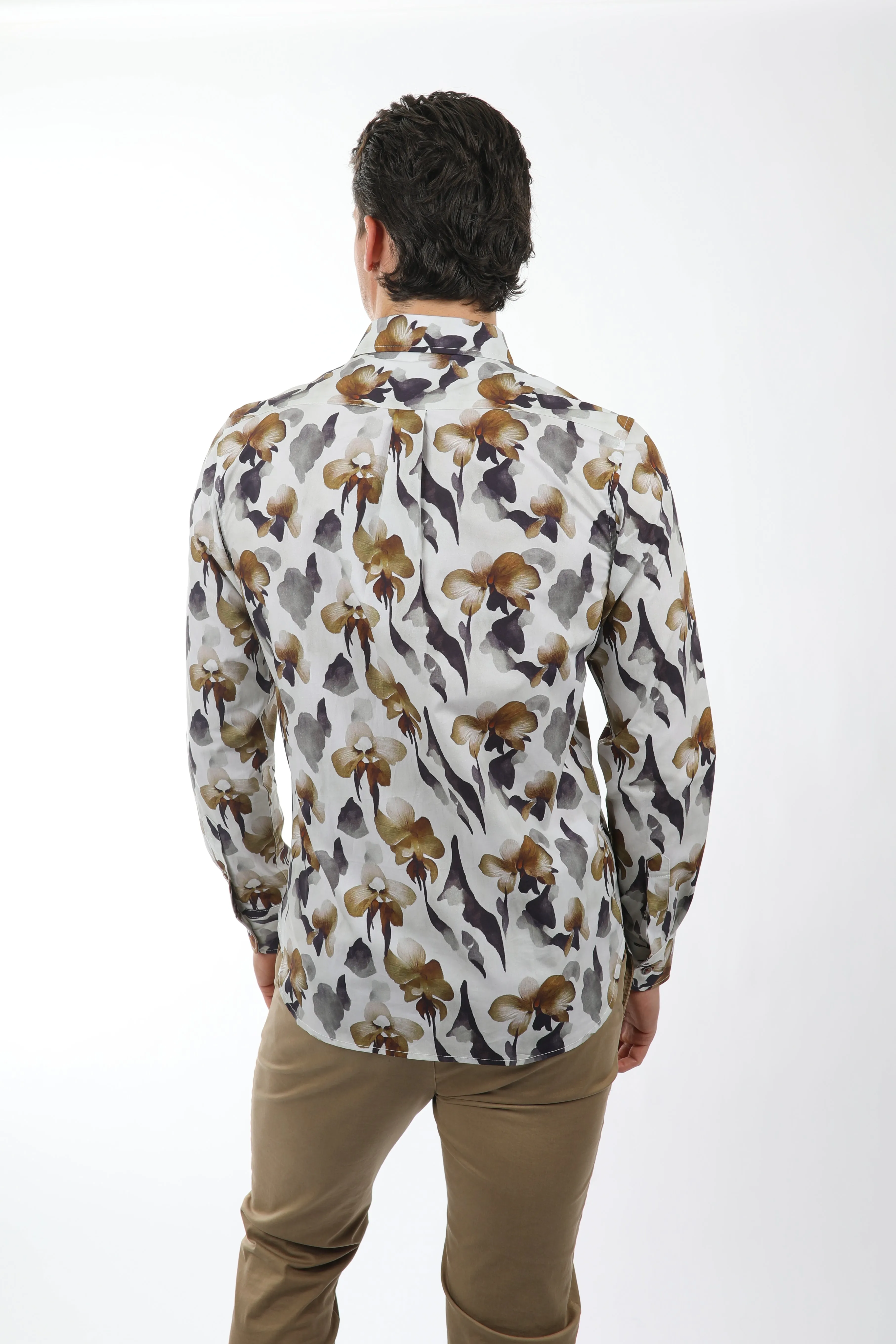 Floral Khaki  Peached Cotton Poplin Shirt