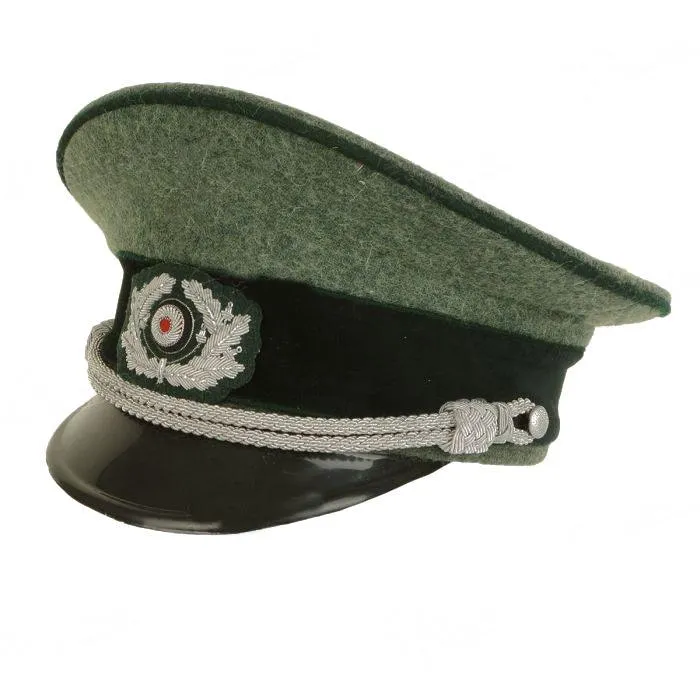 German Army Officer Visor Cap - Field Grey - Grass Green Piping with  Insignia