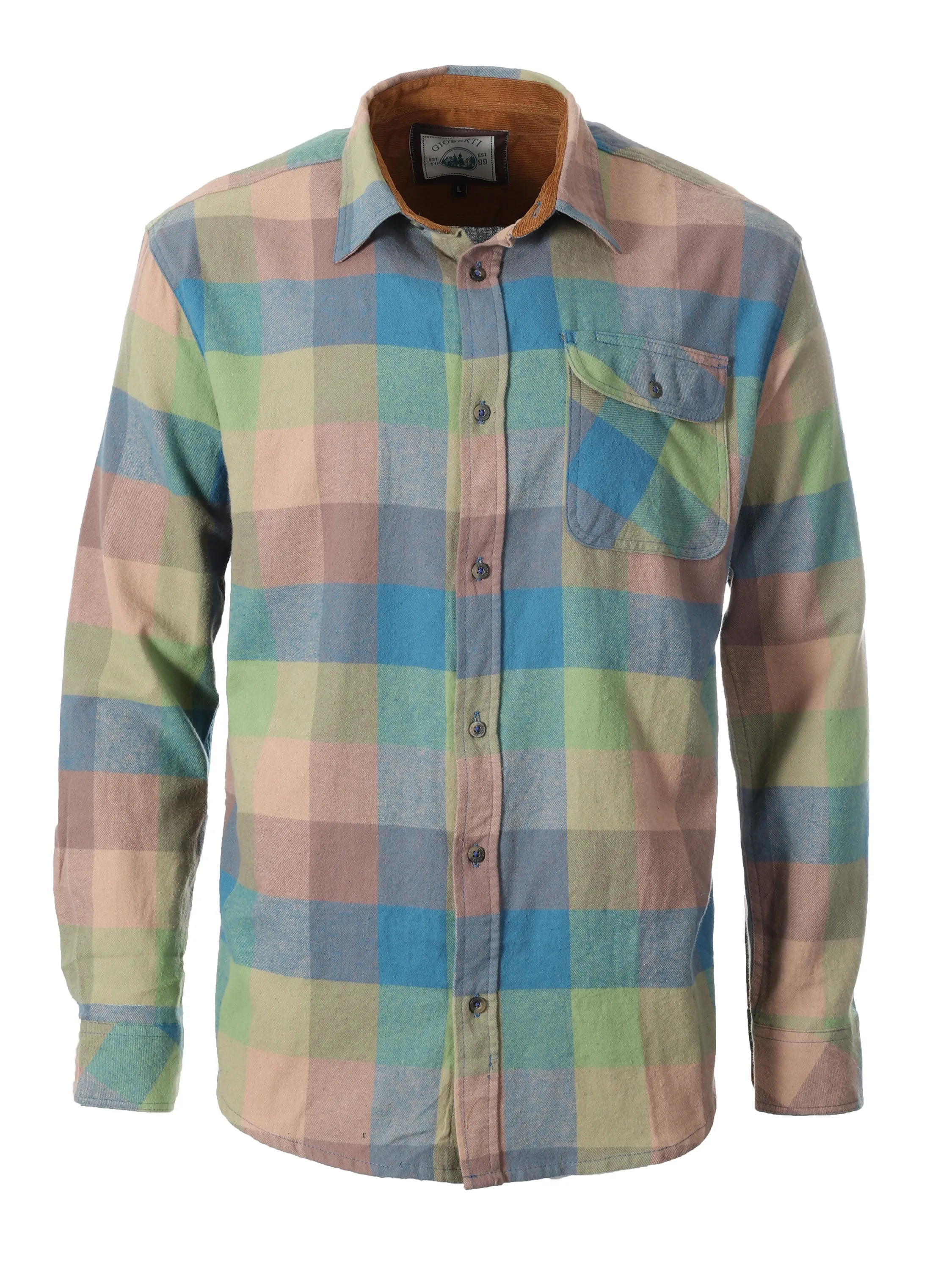 Gioberti Men's Brown / Lime / Khaki 100% Cotton Brushed Flannel Plaid Checkered Shirt with Corduroy Contrast
