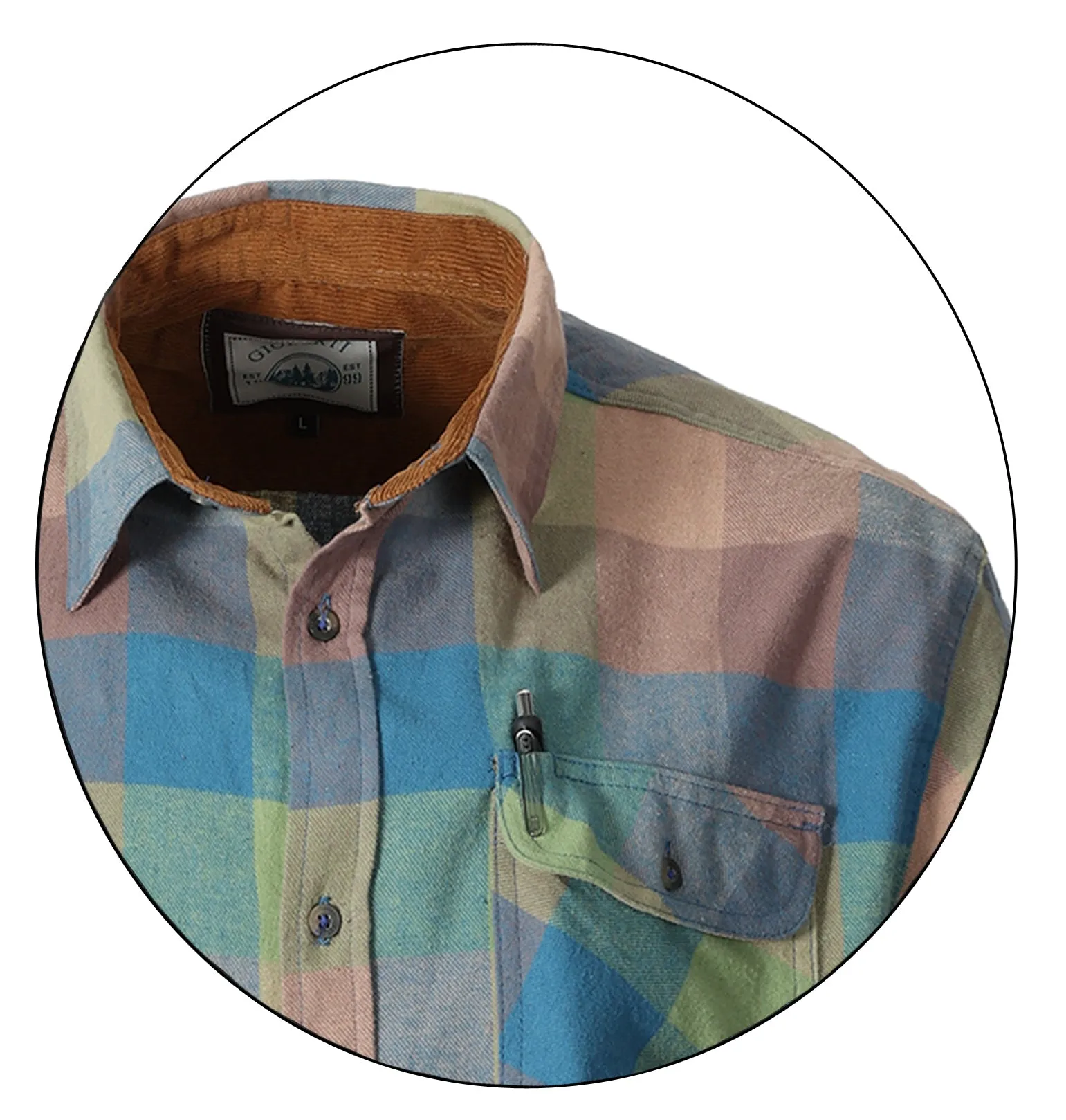 Gioberti Men's Brown / Lime / Khaki 100% Cotton Brushed Flannel Plaid Checkered Shirt with Corduroy Contrast