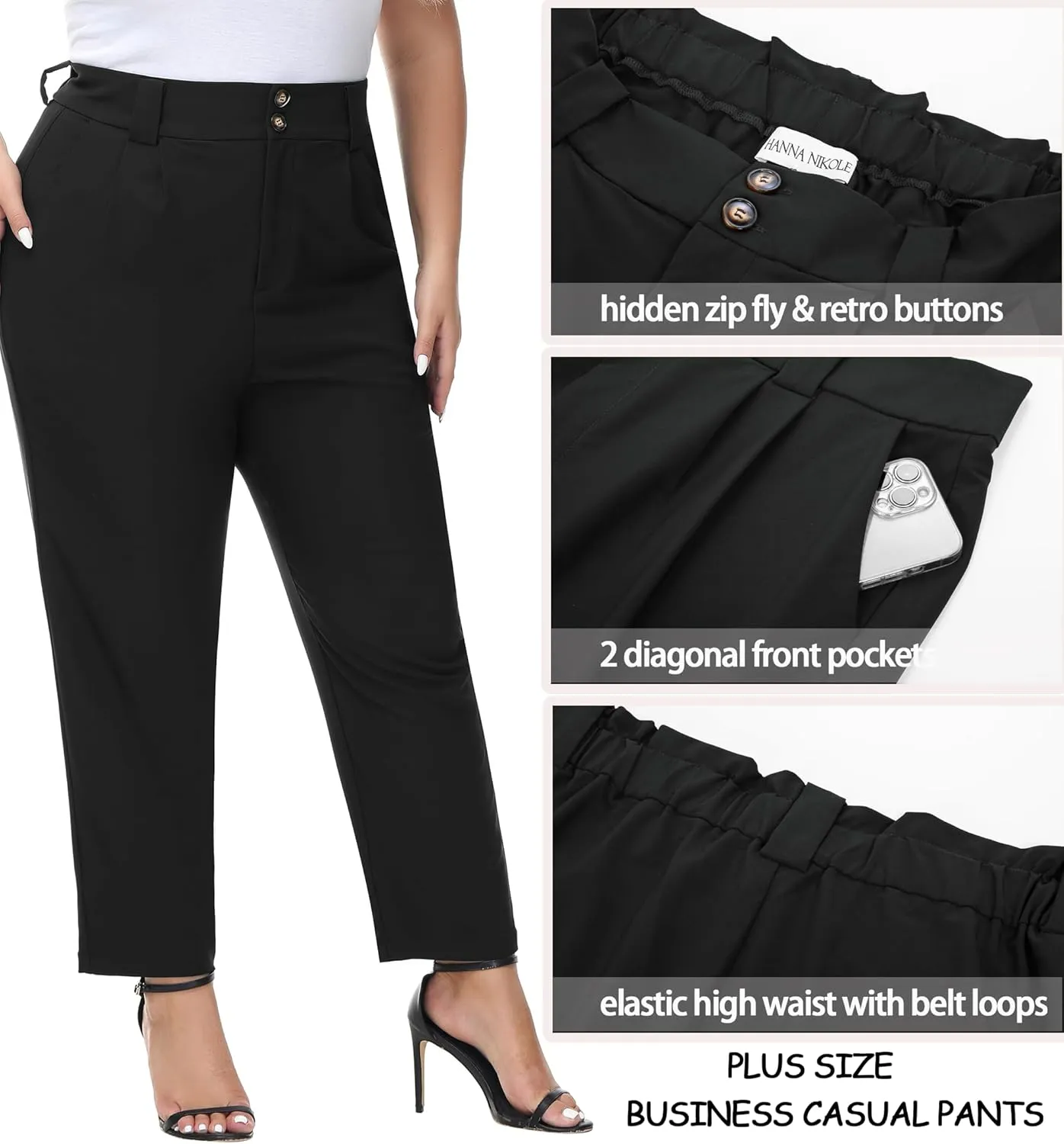 Hanna Nikole Women's Plus Size High Waisted Stretch Work Casual Pants Business Straight Trouser with Pocket