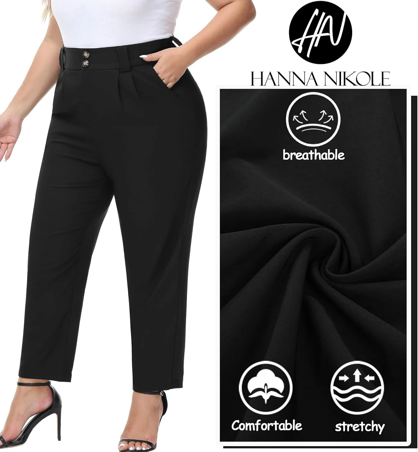 Hanna Nikole Women's Plus Size High Waisted Stretch Work Casual Pants Business Straight Trouser with Pocket