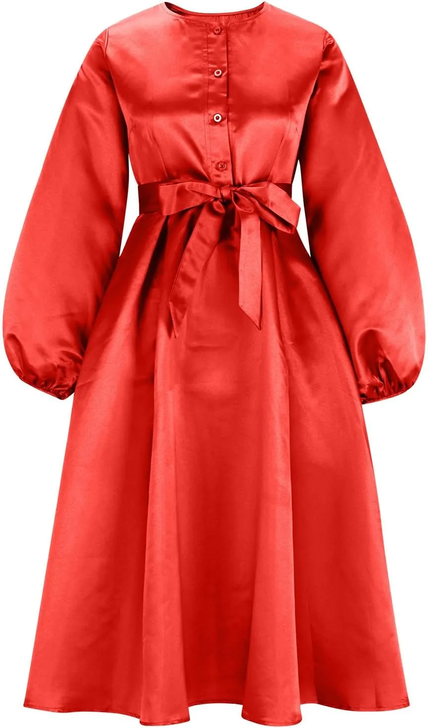 HGps8w Satin Swing Cocktail Midi Dresses for Women Elegant Puff Sleeve Button Front A-Line Formal Party Prom Dress