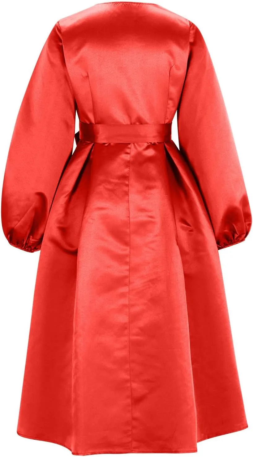 HGps8w Satin Swing Cocktail Midi Dresses for Women Elegant Puff Sleeve Button Front A-Line Formal Party Prom Dress