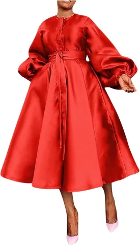 HGps8w Satin Swing Cocktail Midi Dresses for Women Elegant Puff Sleeve Button Front A-Line Formal Party Prom Dress