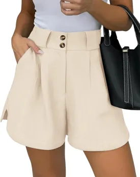 KIRUNDO Womens Shorts Dressy Casual 2025 Trendy Summer Elastic High Waisted Pleated Side Slit Business Work Shorts Pockets