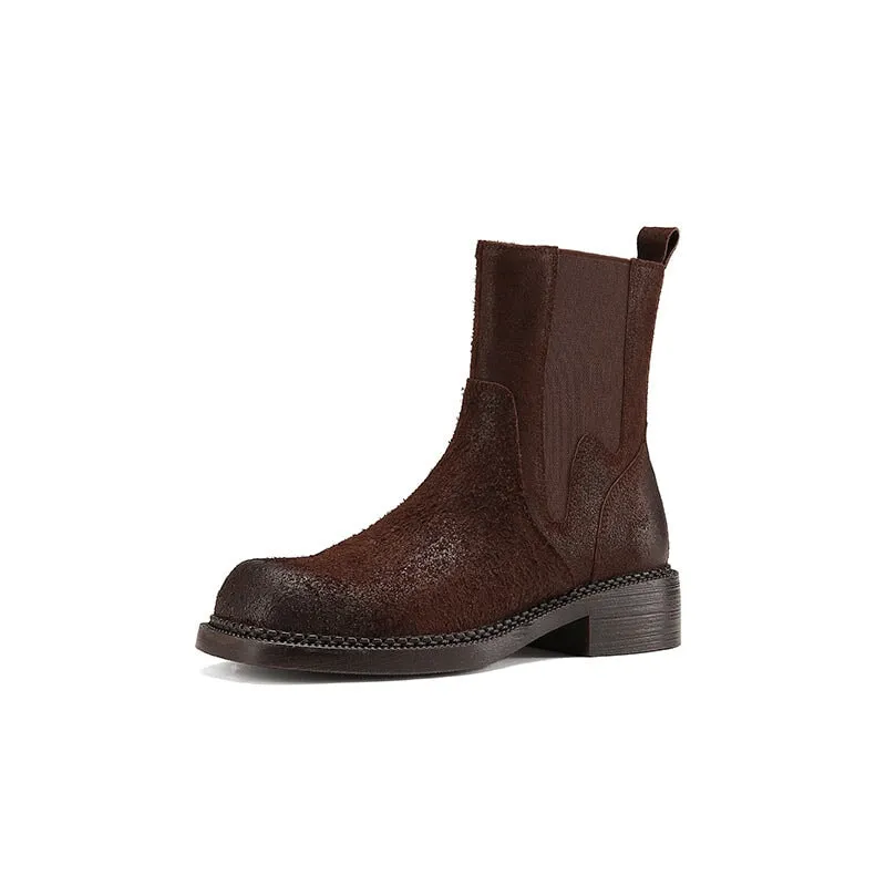 Leather Ankle Boots Comfortable Walking Round Chelsea Boots in Brown/Coffee