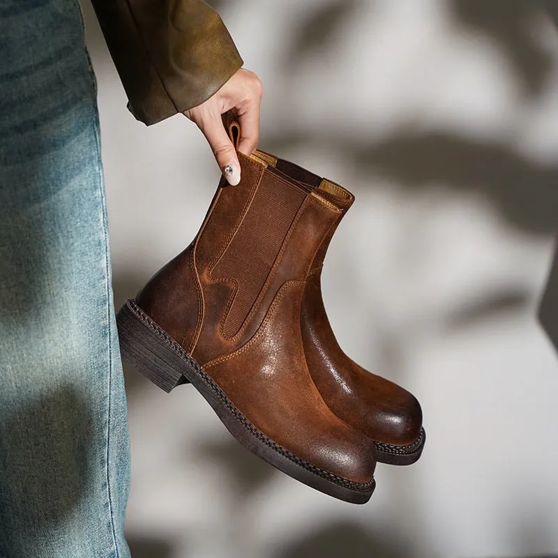 Leather Ankle Boots Comfortable Walking Round Chelsea Boots in Brown/Coffee