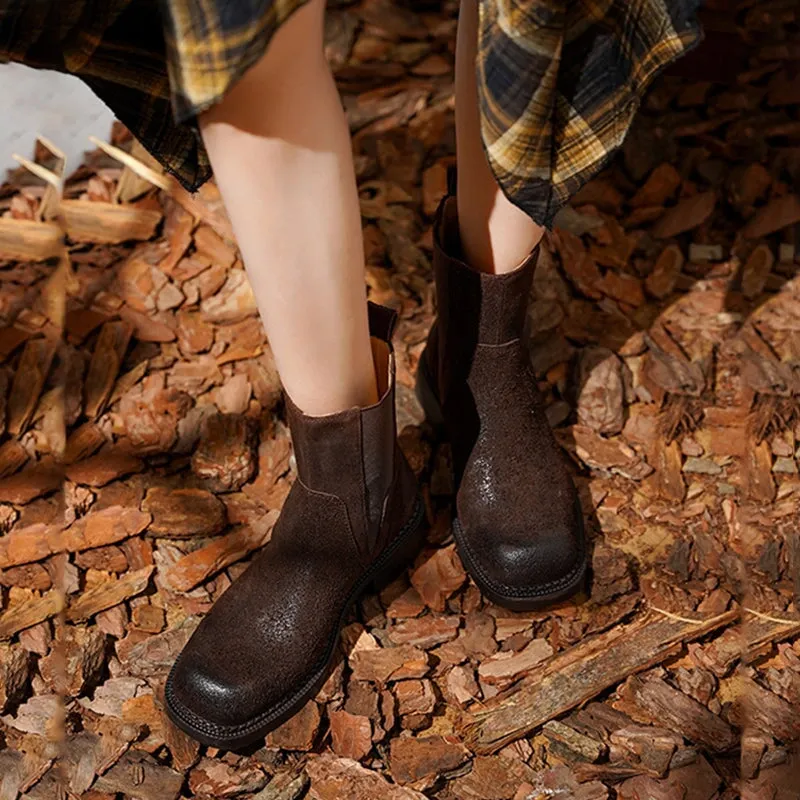 Leather Ankle Boots Comfortable Walking Round Chelsea Boots in Brown/Coffee