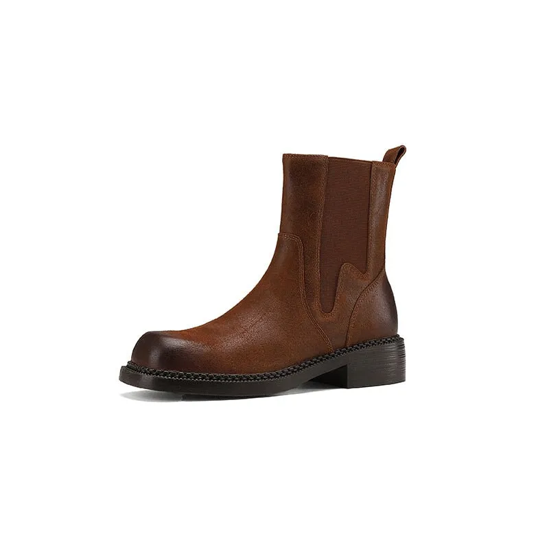 Leather Ankle Boots Comfortable Walking Round Chelsea Boots in Brown/Coffee