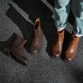 Leather Ankle Boots Comfortable Walking Round Chelsea Boots in Brown/Coffee