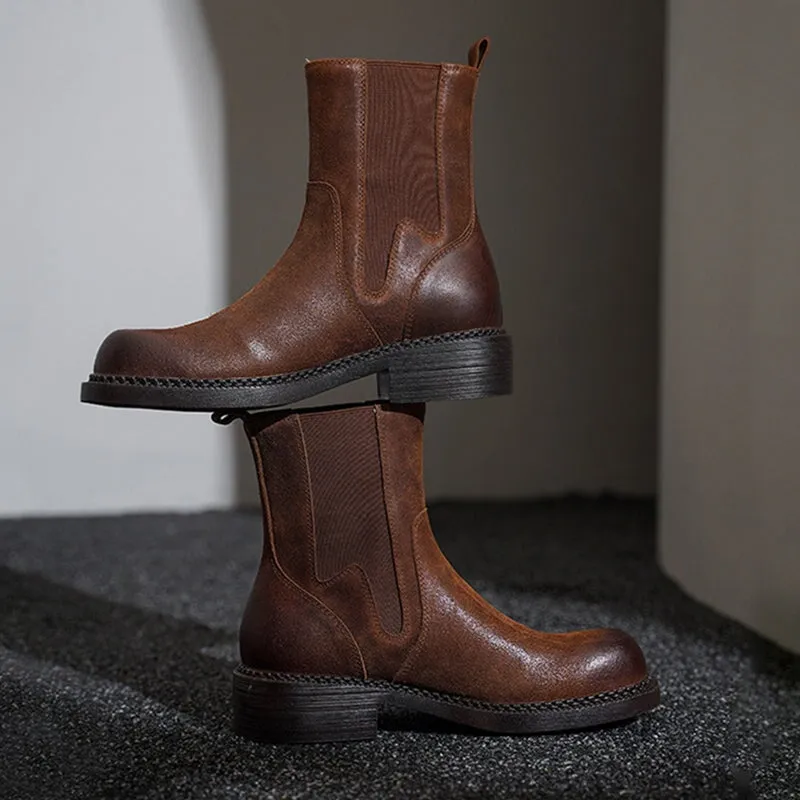 Leather Ankle Boots Comfortable Walking Round Chelsea Boots in Brown/Coffee