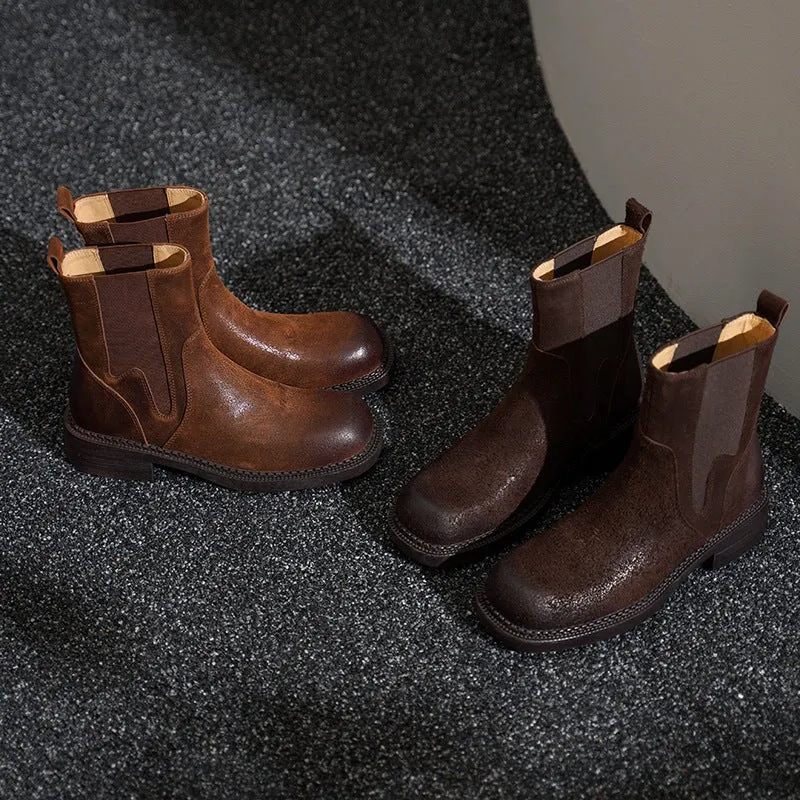 Leather Ankle Boots Comfortable Walking Round Chelsea Boots in Brown/Coffee