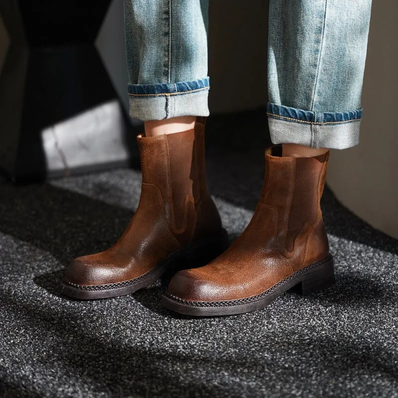 Leather Ankle Boots Comfortable Walking Round Chelsea Boots in Brown/Coffee