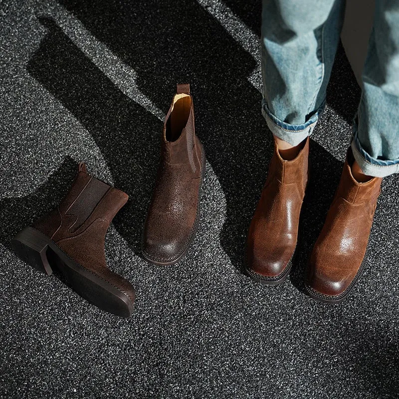 Leather Ankle Boots Comfortable Walking Round Chelsea Boots in Brown/Coffee
