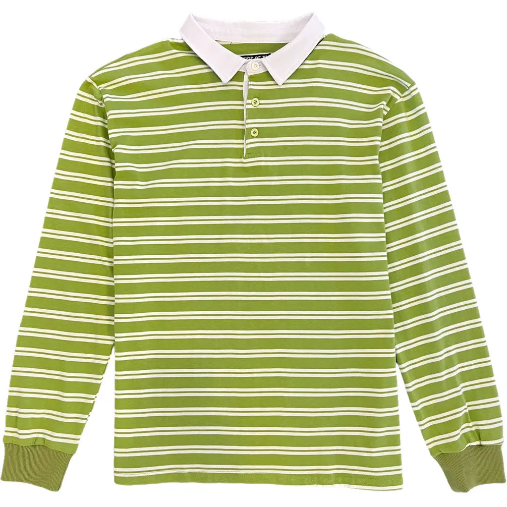 Light Olive Green Double Stripe Mens Long Sleeve Rugby Shirt