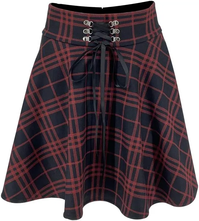 Lunoakvo Women's High Waisted Short A-line Flare Gothic Mini Black Red Plaid Pleated Skirt Dress