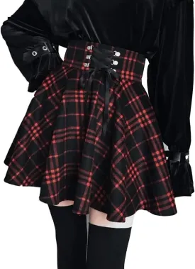 Lunoakvo Women's High Waisted Short A-line Flare Gothic Mini Black Red Plaid Pleated Skirt Dress
