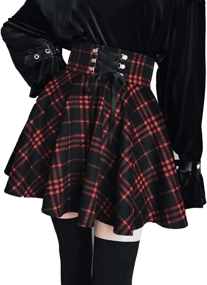 Lunoakvo Women's High Waisted Short A-line Flare Gothic Mini Black Red Plaid Pleated Skirt Dress
