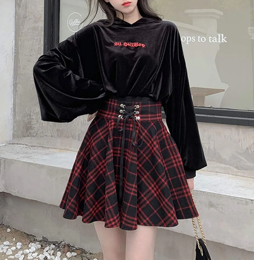 Lunoakvo Women's High Waisted Short A-line Flare Gothic Mini Black Red Plaid Pleated Skirt Dress