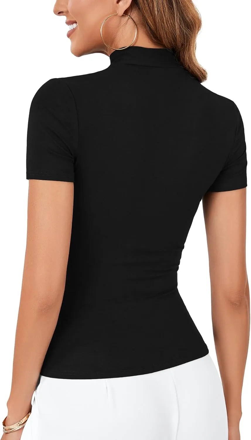 LYANER Women's Bow Tie Knot Mock Neck Short Sleeve Work Tee T-Shirt Tunic Top