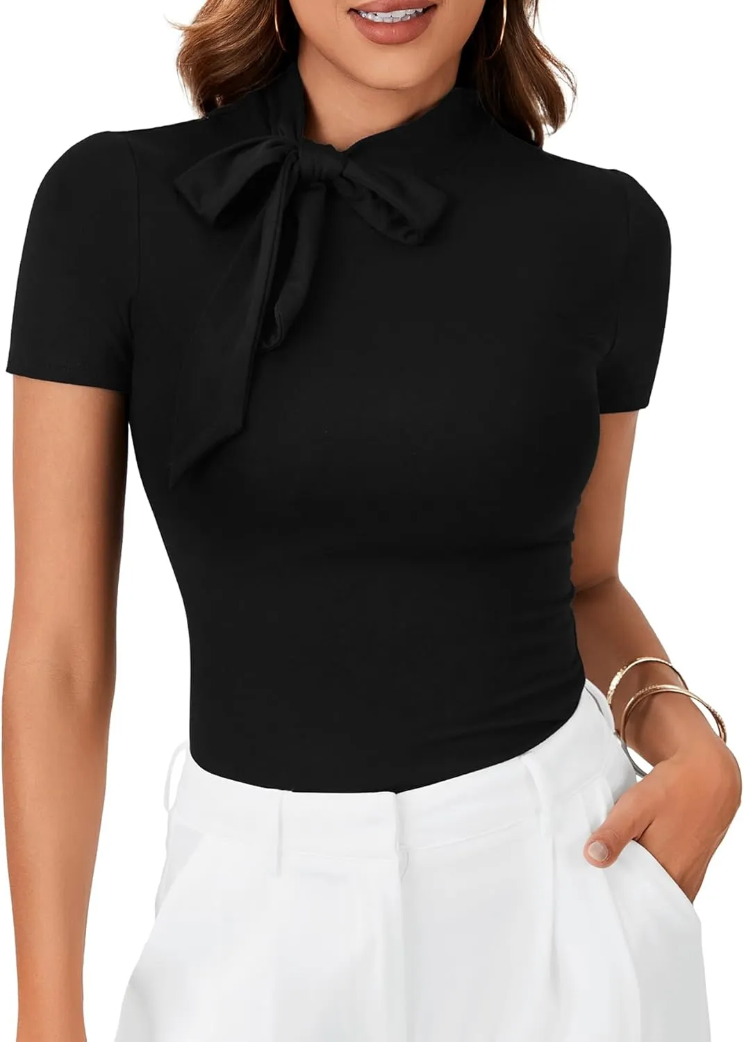 LYANER Women's Bow Tie Knot Mock Neck Short Sleeve Work Tee T-Shirt Tunic Top