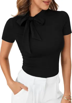 LYANER Women's Bow Tie Knot Mock Neck Short Sleeve Work Tee T-Shirt Tunic Top