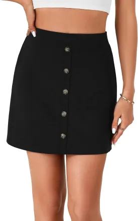 LYANER Women's Button Front Elastic Waist Stretch High Waist Pull On Mini Length A Line Skirt