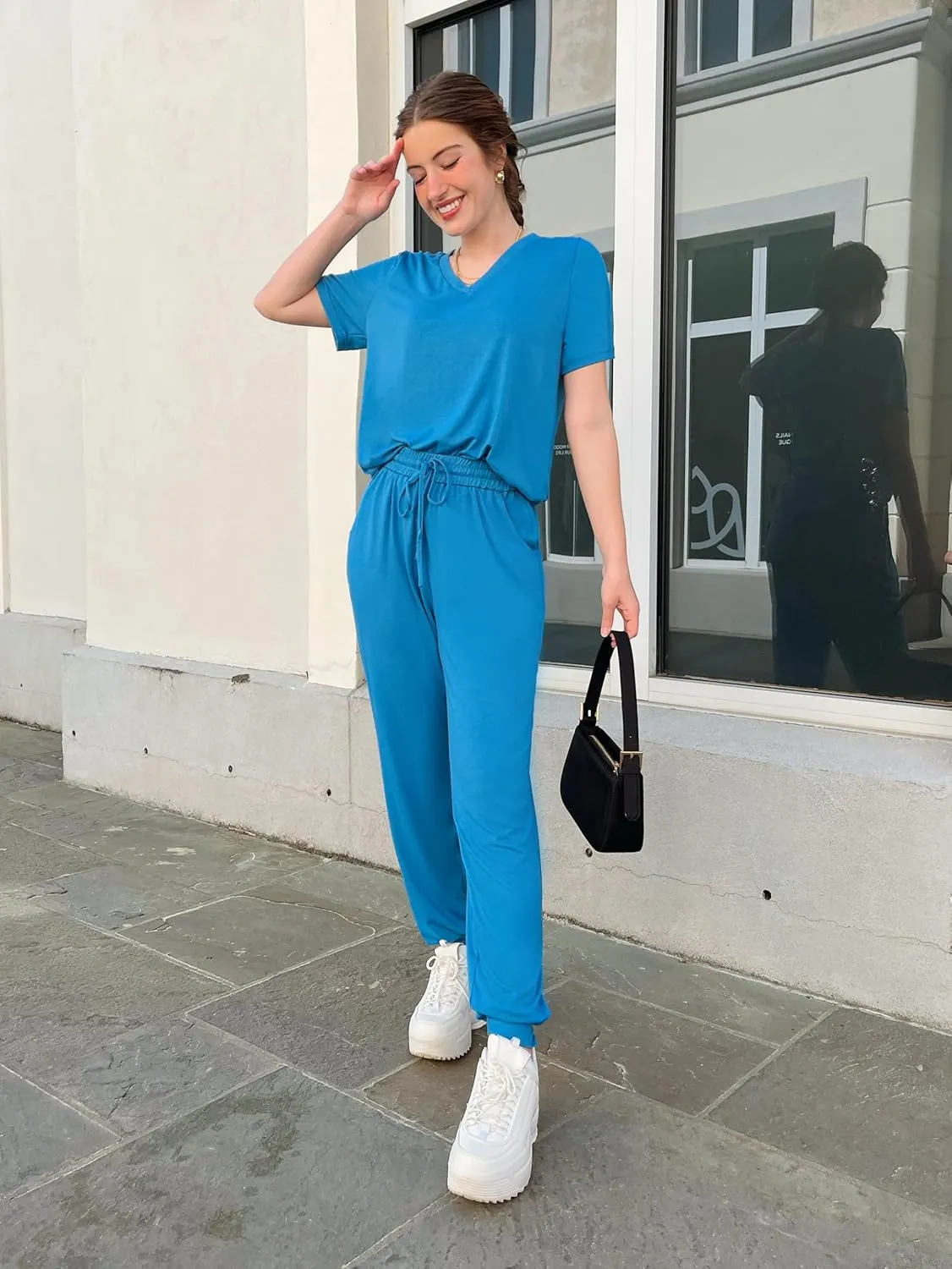 MASCOMODA Womens 2 Piece Outfits Summer Casual V Neck Short Sleeve Tops Long Pants Tracksuit Lounge Jogger Set with Pockets
