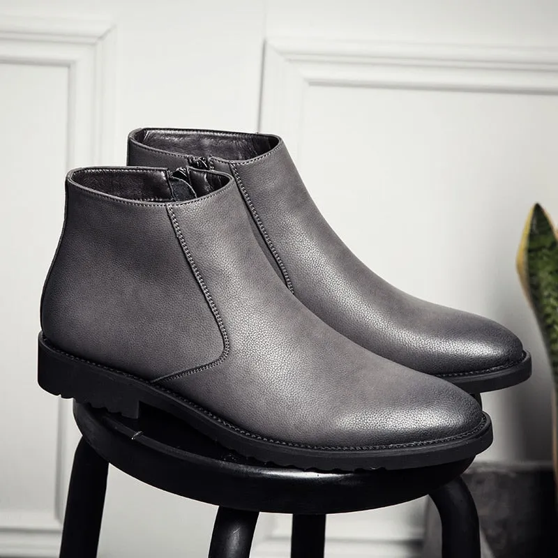 Misalwa Fashion Thin Simple Zipper Men Leather Boots Gray Black Brown Big Size 38-45 British Style Pointed Toe Chelsea Boots