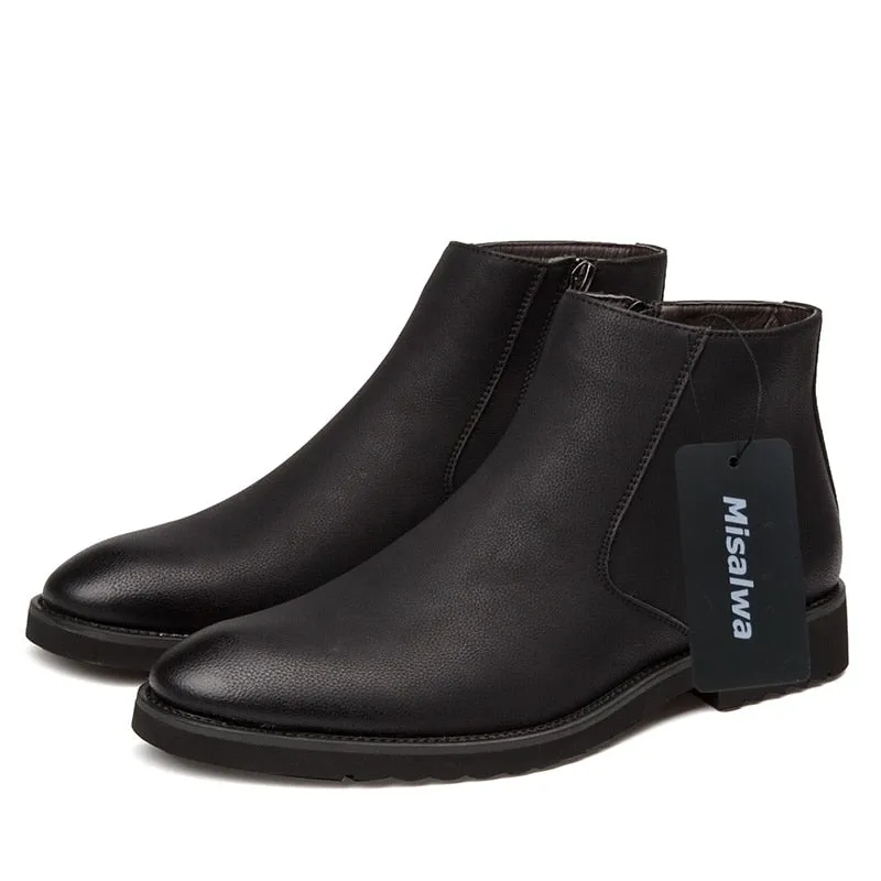 Misalwa Fashion Thin Simple Zipper Men Leather Boots Gray Black Brown Big Size 38-45 British Style Pointed Toe Chelsea Boots