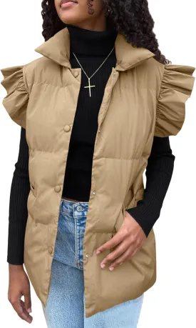Omoone Puffer Vest Women Ruffle Sleeve Button Down Padded Quilted Puffy Jacket Coat Outwear