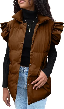Omoone Puffer Vest Women Ruffle Sleeve Button Down Padded Quilted Puffy Jacket Coat Outwear