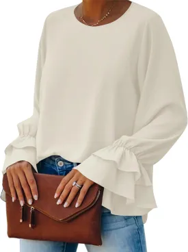 OPOIPIN Women's Casual Tiered Ruffle Bell Long Sleeve Round Neck Blouse Shirt Top
