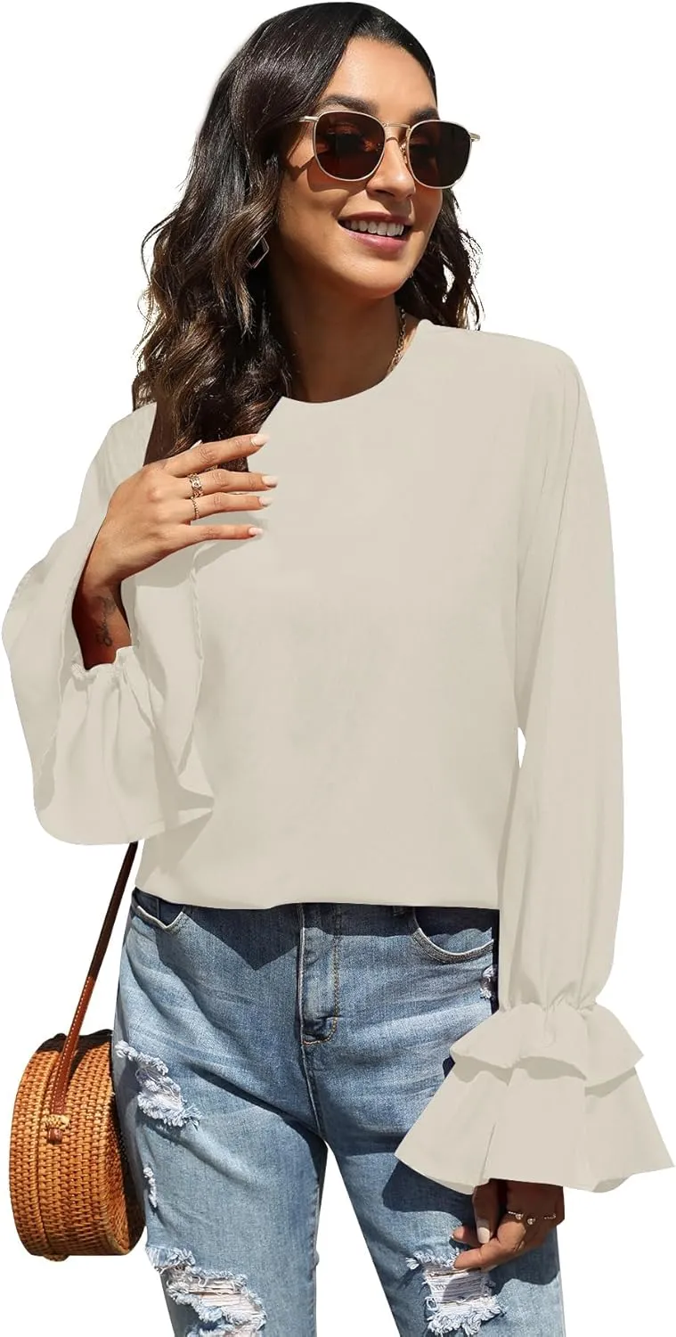 OPOIPIN Women's Casual Tiered Ruffle Bell Long Sleeve Round Neck Blouse Shirt Top