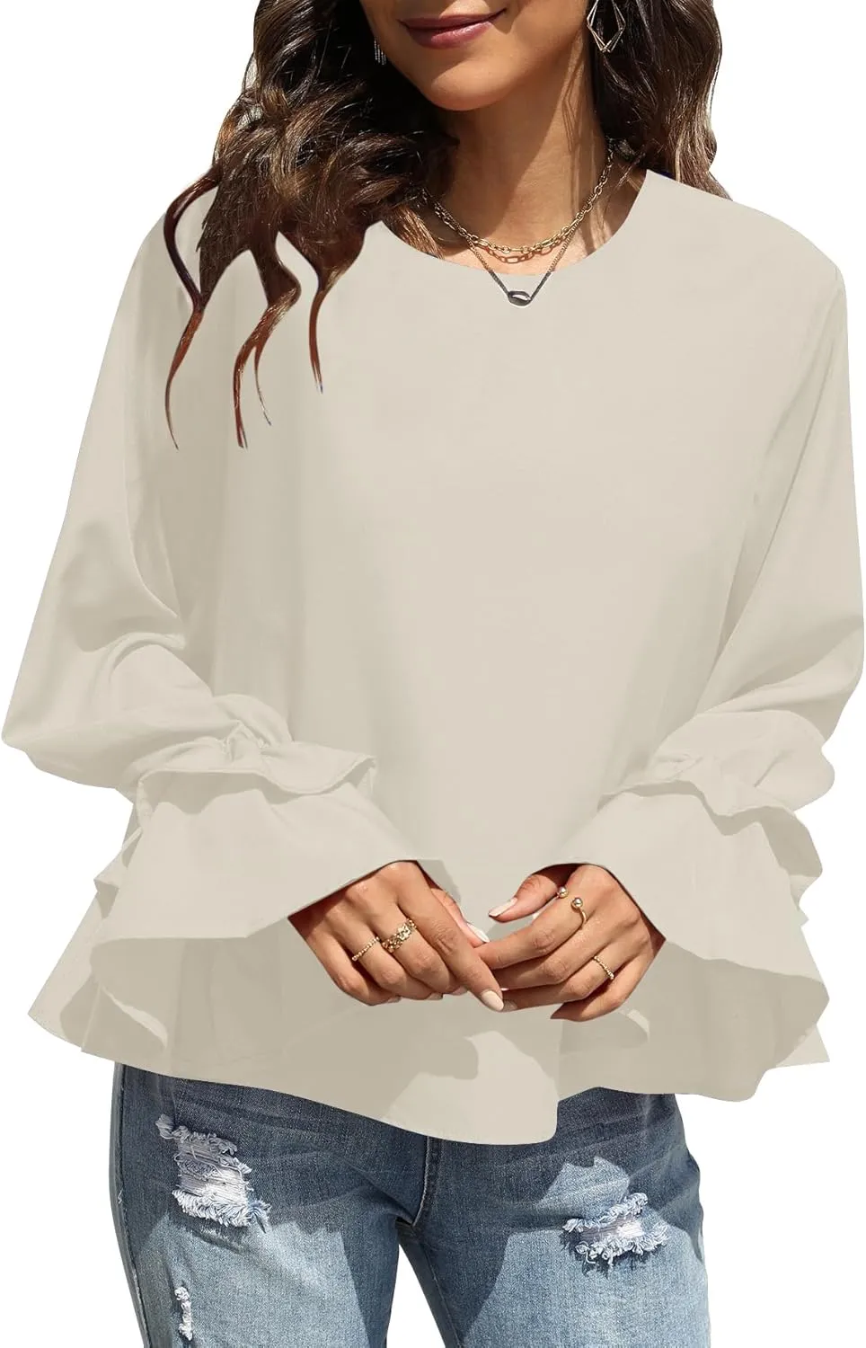 OPOIPIN Women's Casual Tiered Ruffle Bell Long Sleeve Round Neck Blouse Shirt Top