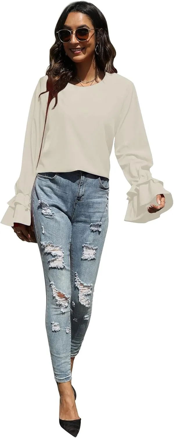 OPOIPIN Women's Casual Tiered Ruffle Bell Long Sleeve Round Neck Blouse Shirt Top
