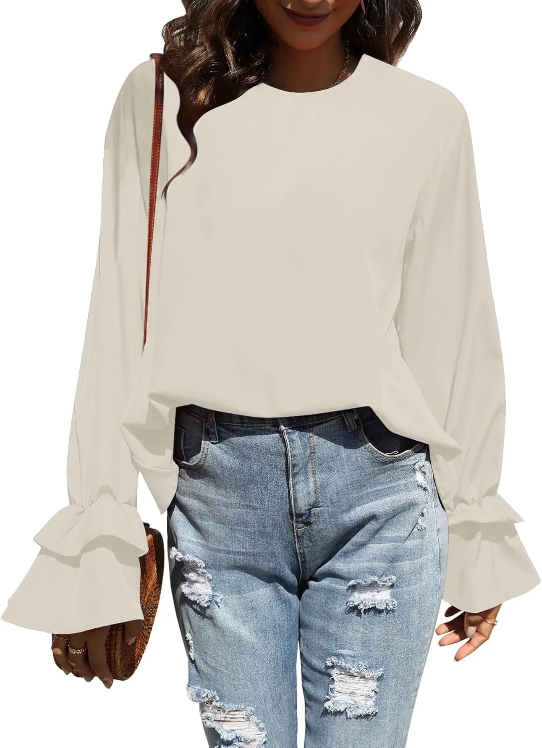 OPOIPIN Women's Casual Tiered Ruffle Bell Long Sleeve Round Neck Blouse Shirt Top