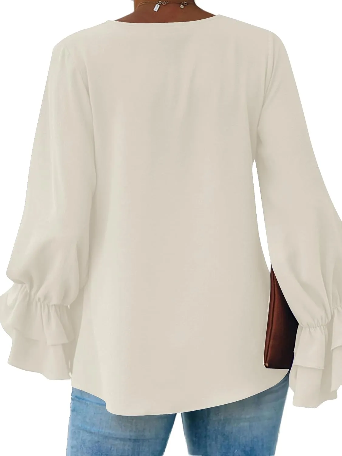 OPOIPIN Women's Casual Tiered Ruffle Bell Long Sleeve Round Neck Blouse Shirt Top